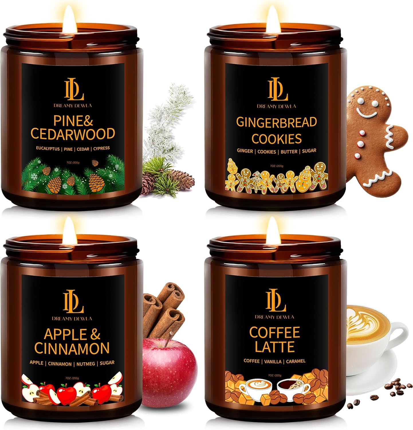 Winter Candle Set, Candles for Home Scented, 4 Pack Soy Candles for Holiday, Holiday Candle Gifts for Women Men, Winter Scents of Gingerbread Cookies/Apple & Cinnamon/Coffee Latte/Pine & Cedarwood